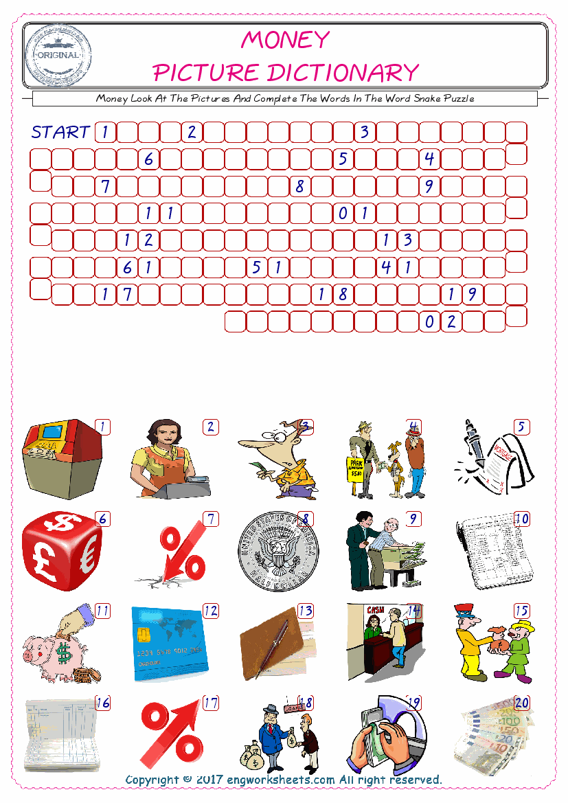 Check the Illustrations of Money english worksheets for kids, and Supply the Missing Words in the Word Snake Puzzle ESL play. 